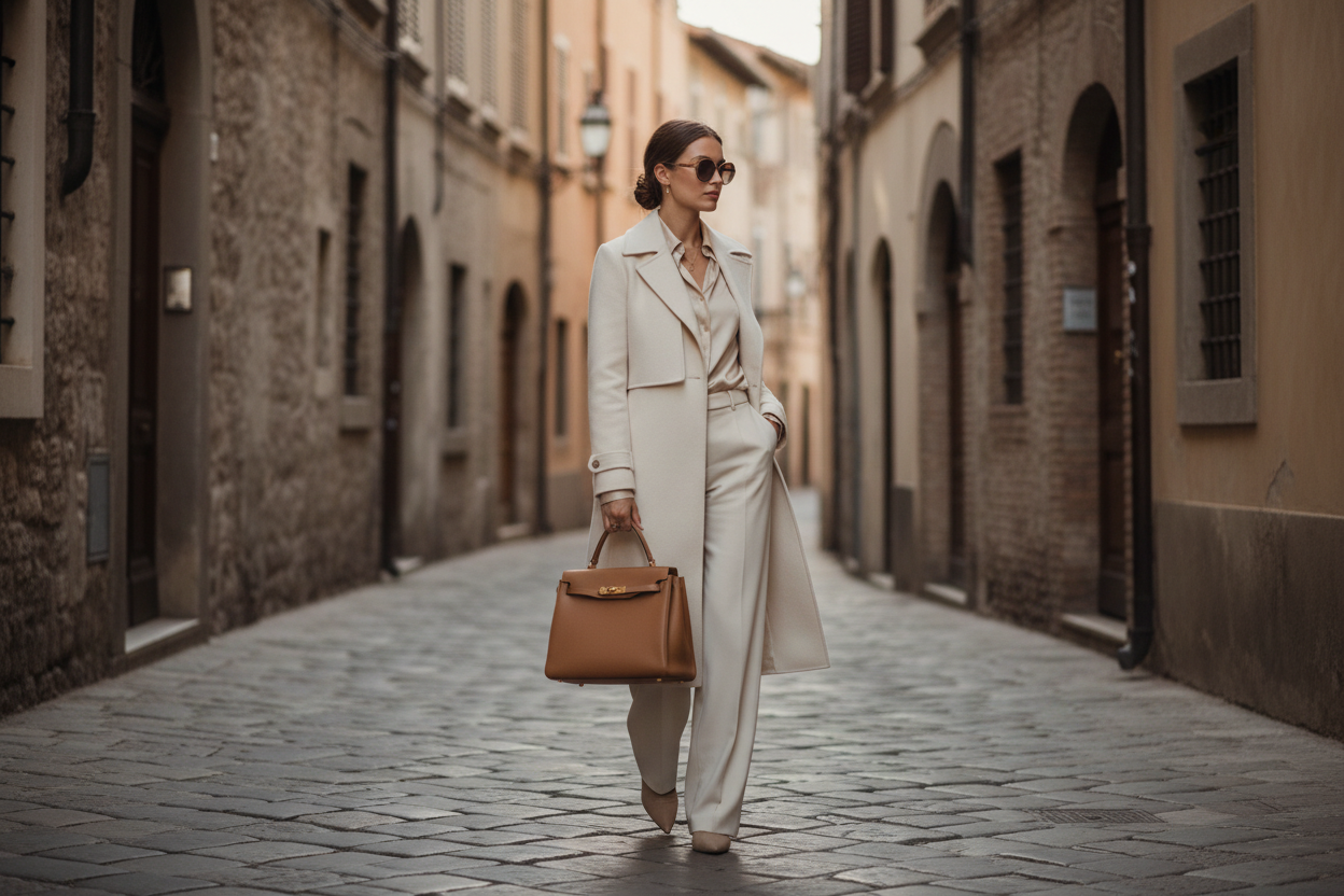 Woman carrying a structured Italian leather handbag