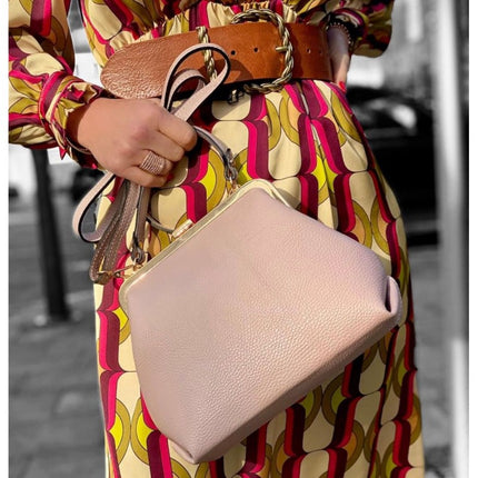 Genuine Leather Top Handle Bag with Snap Clasp Lock with Adjustable Strap