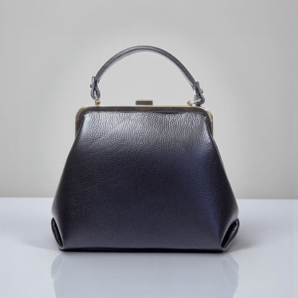 Genuine Leather Top Handle Bag with Snap Clasp Lock with Adjustable Strap