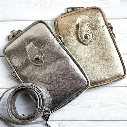 Leather Crossbody Phone Bag in Metallic Gold and Silver