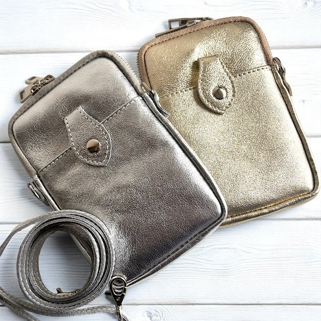 Leather Crossbody Phone Bag in Metallic Gold and Silver