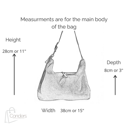 Measurement chart for a handbag with dimensions labeled on a white background.