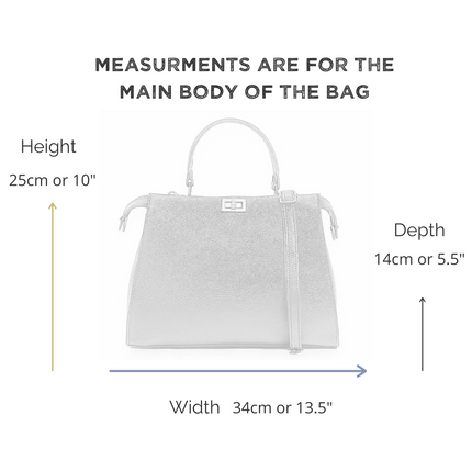 Measurement chart for a bag with dimensions labeled on a white background