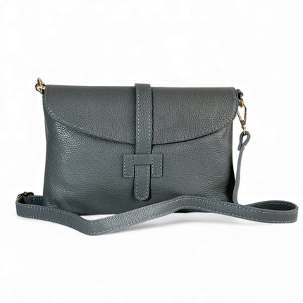 Gray leather handbag with a strap on a white background
