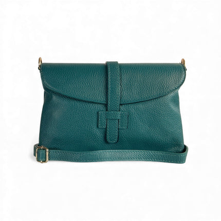 Teal leather handbag with a strap on a white background