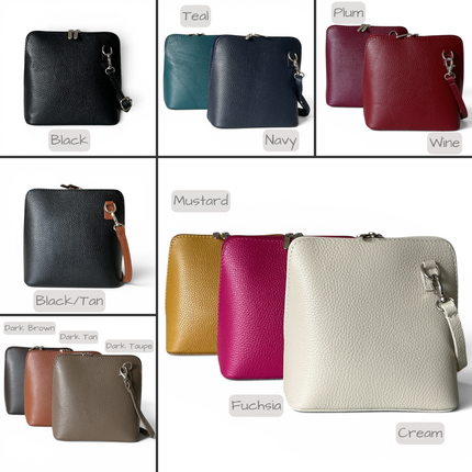 A collage showing multiple color options for a pebbled leather crossbody bag. The bags are shown in black, teal, navy, wine, black/tan, dark brown, dark tan, taupe, mustard, fuchsia, and cream, each with a adjustable strap and metal clasp.