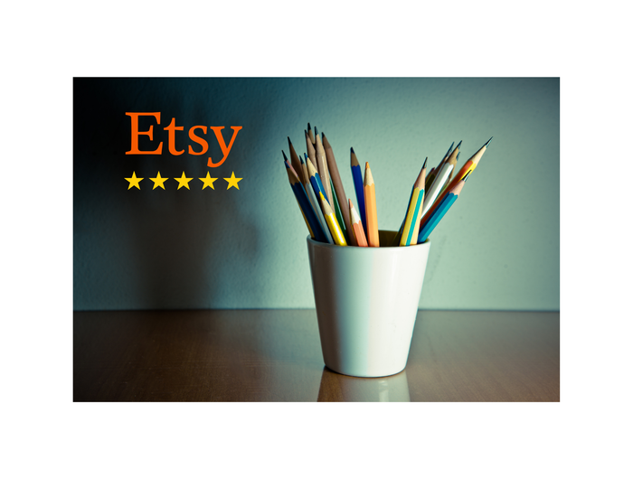 Cup filled with colorful pencils on a wooden surface with Etsy logo and five-star rating above.