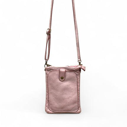 Pink leather crossbody mobile phone bag on a white background