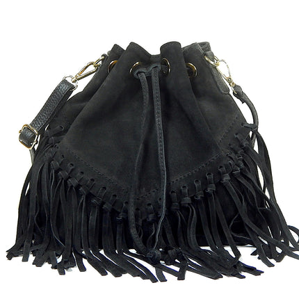 Front view of black leather and suede bucket bag with fringes. Drawstring closure
