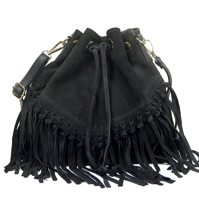 Front view of black leather and suede bucket bag with fringes. Drawstring closure