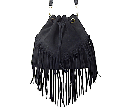 Front view of black leather and suede bucket bag with fringes hanging up. Drawstring closure
