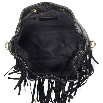 Internal view of black leather and suede bucket bag with fringes. Drawstring closure