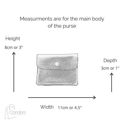 Measurement chart for a small coin purse with dimensions labeled